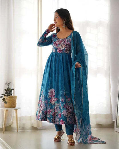 Pure Soft Organza Silk Fully Flared Kali Cut Anarkali Suit Set with Dupatta & Pant