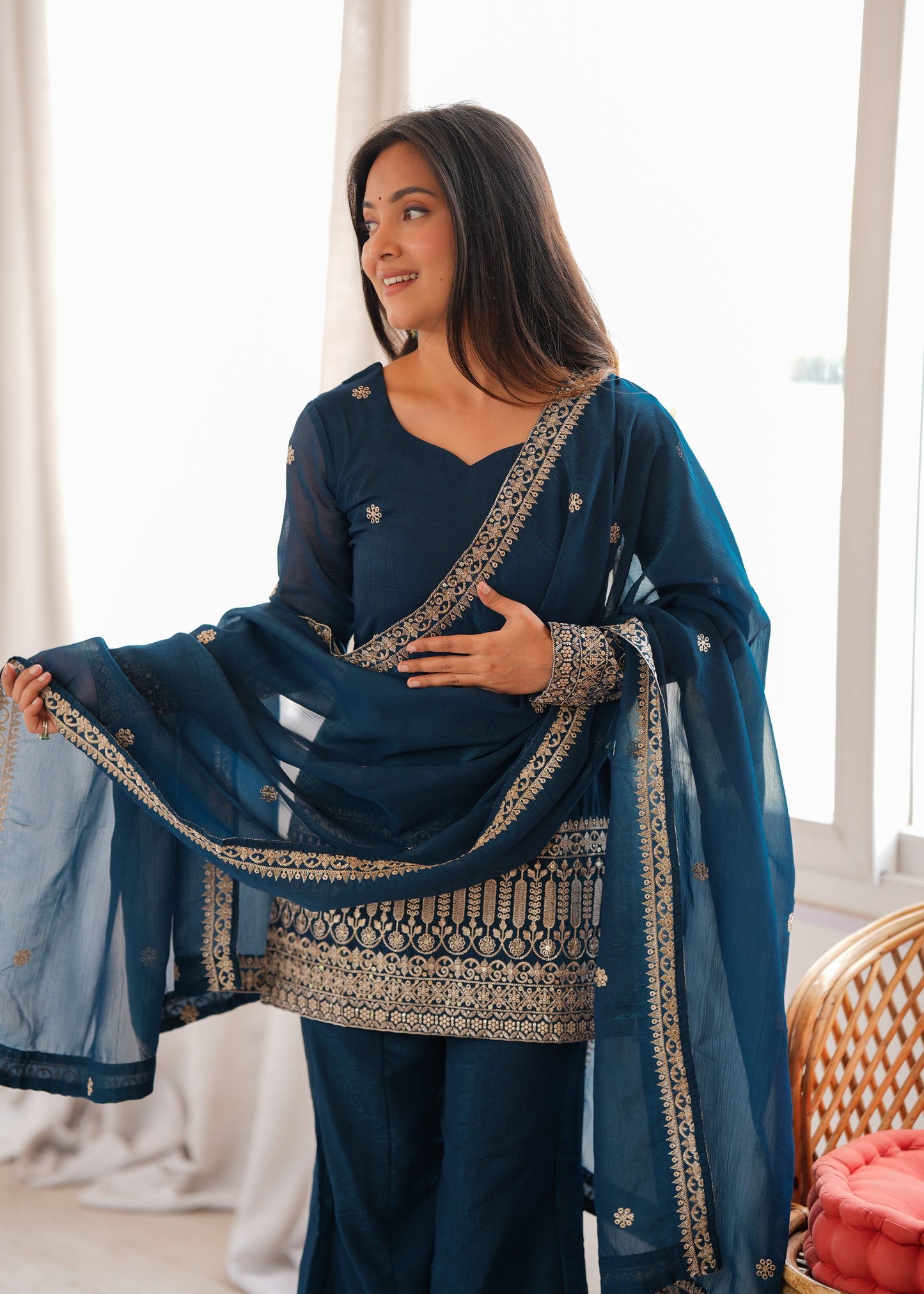 Crunchy Silk Embroidered Kurta with Bell Bottom Pant & Dupatta