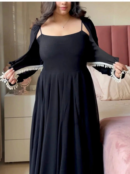 Elegant Designer Faux Georgette Maxi Anarkali Suit Set With Koti & Dupatta
