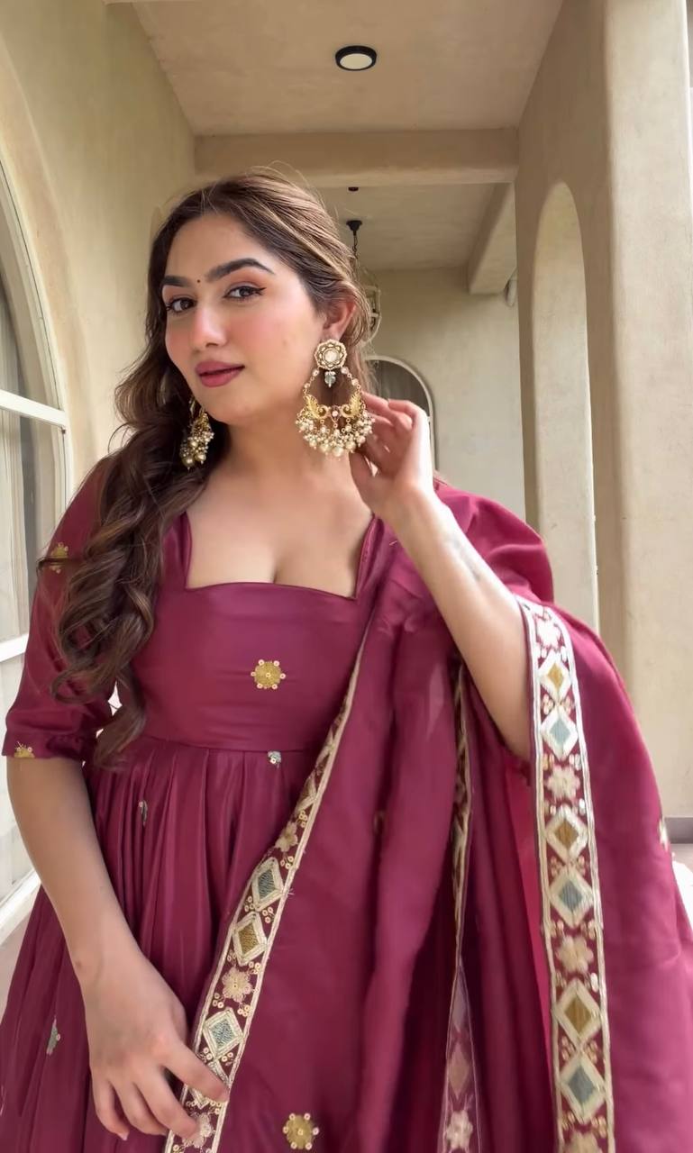 Heavy Natural Crepe Silk Embroidered Anarkali Suit Set with Palazzo & Dupatta