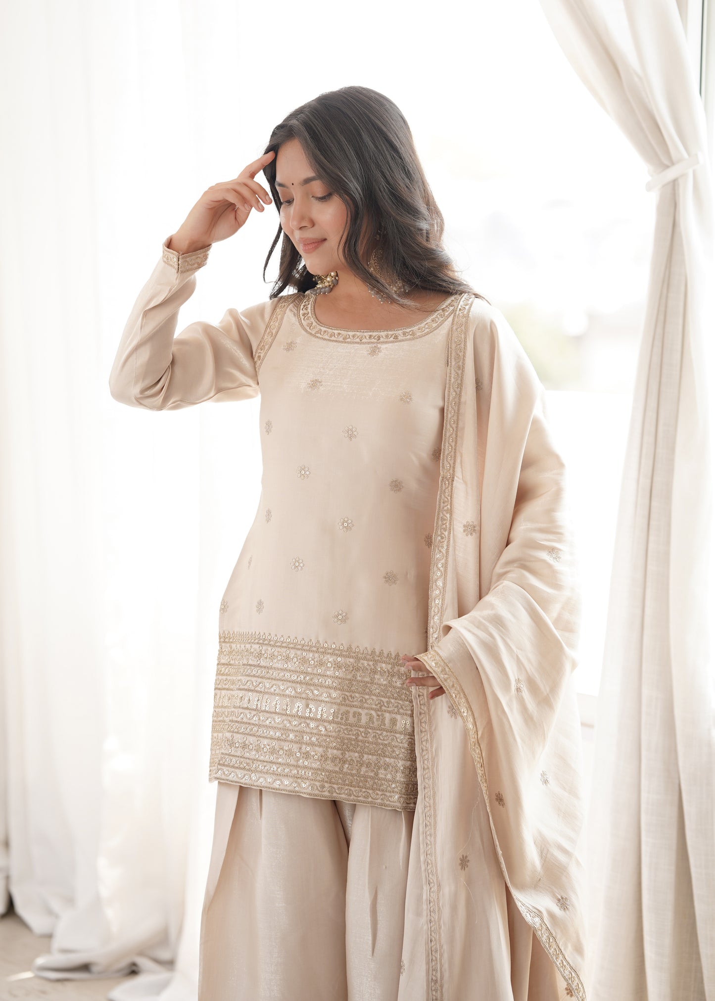Premium Glass Roman Silk Embroidered Farshi Suit Set with Designer Dupatta