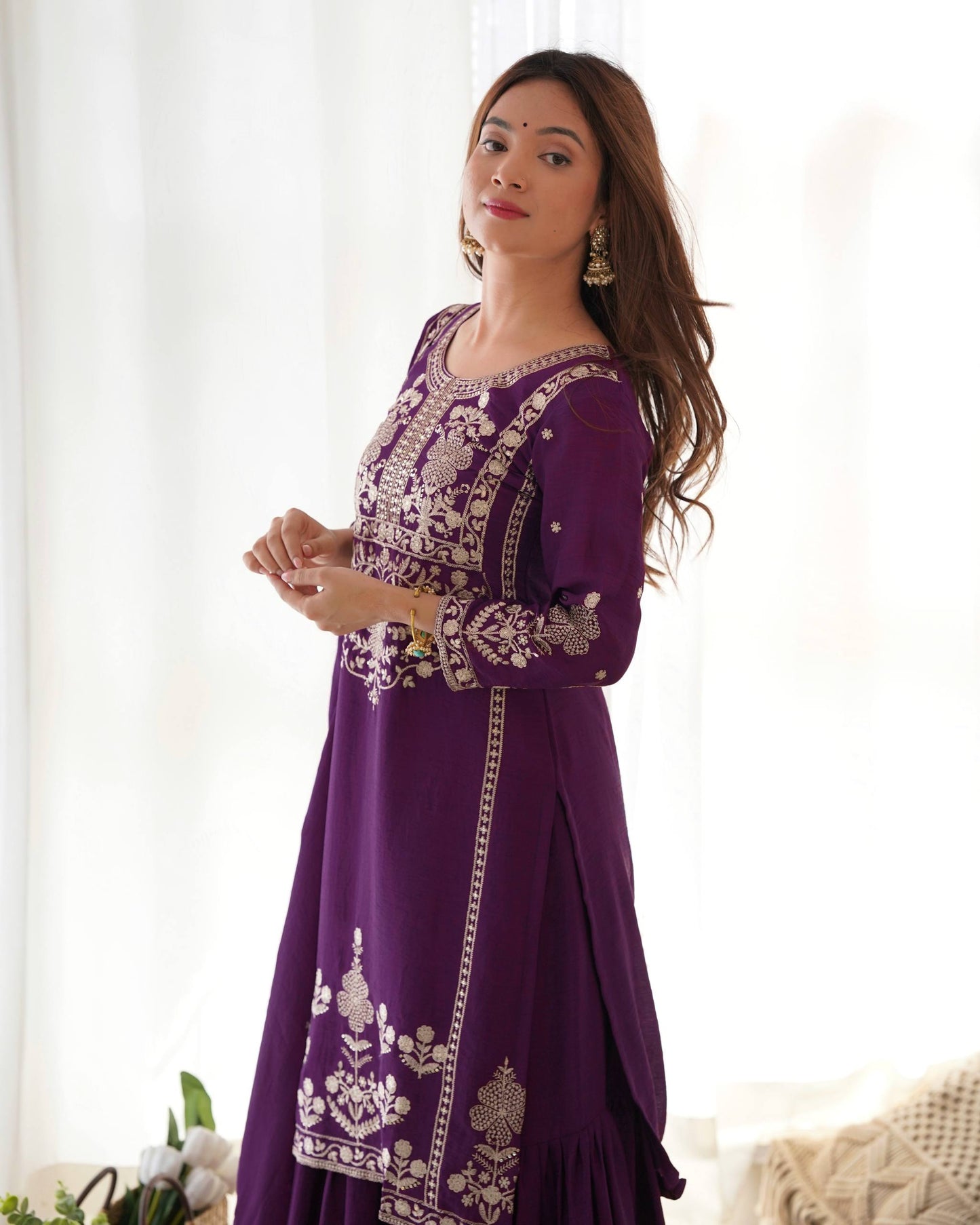 Designer Chinon Silk Kediyakurta with Sharara & Dupatta Set