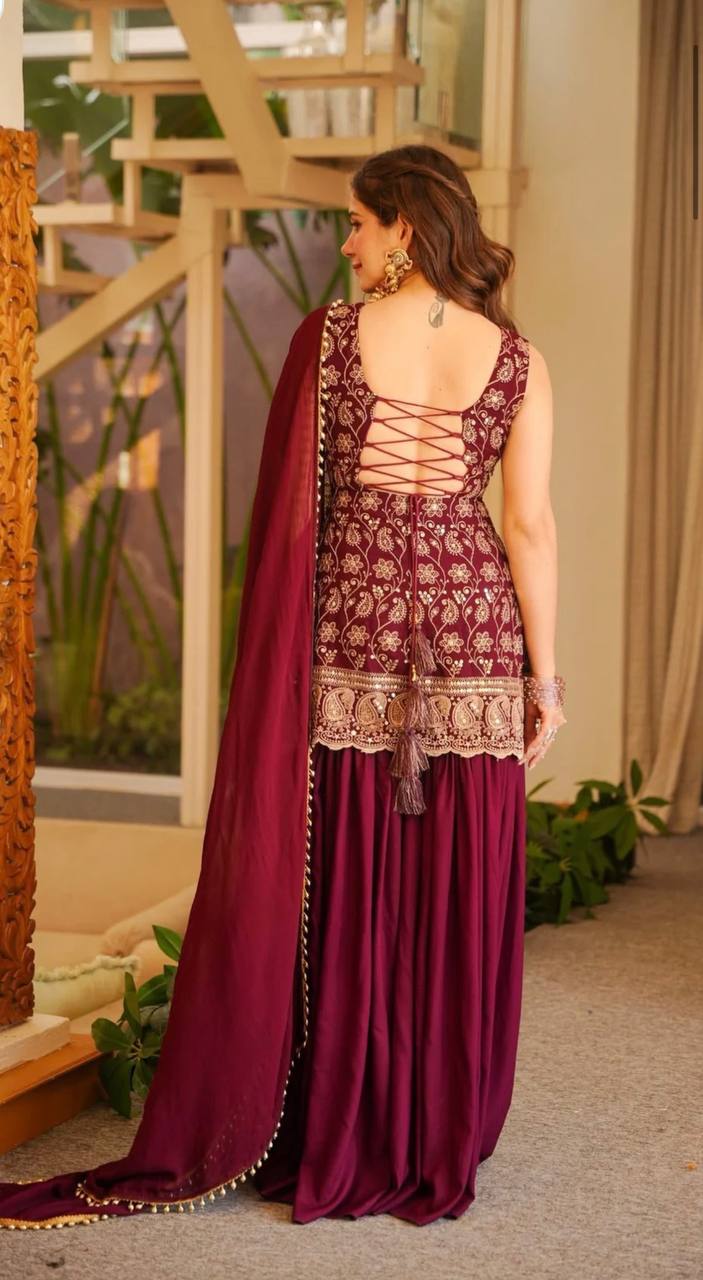 Women's Faux Georgette Embroidered Sharara Suit Set with Dupatta