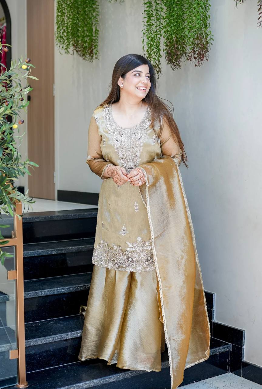 Elegant Heavy Embroidered Satin Suit Set for Women