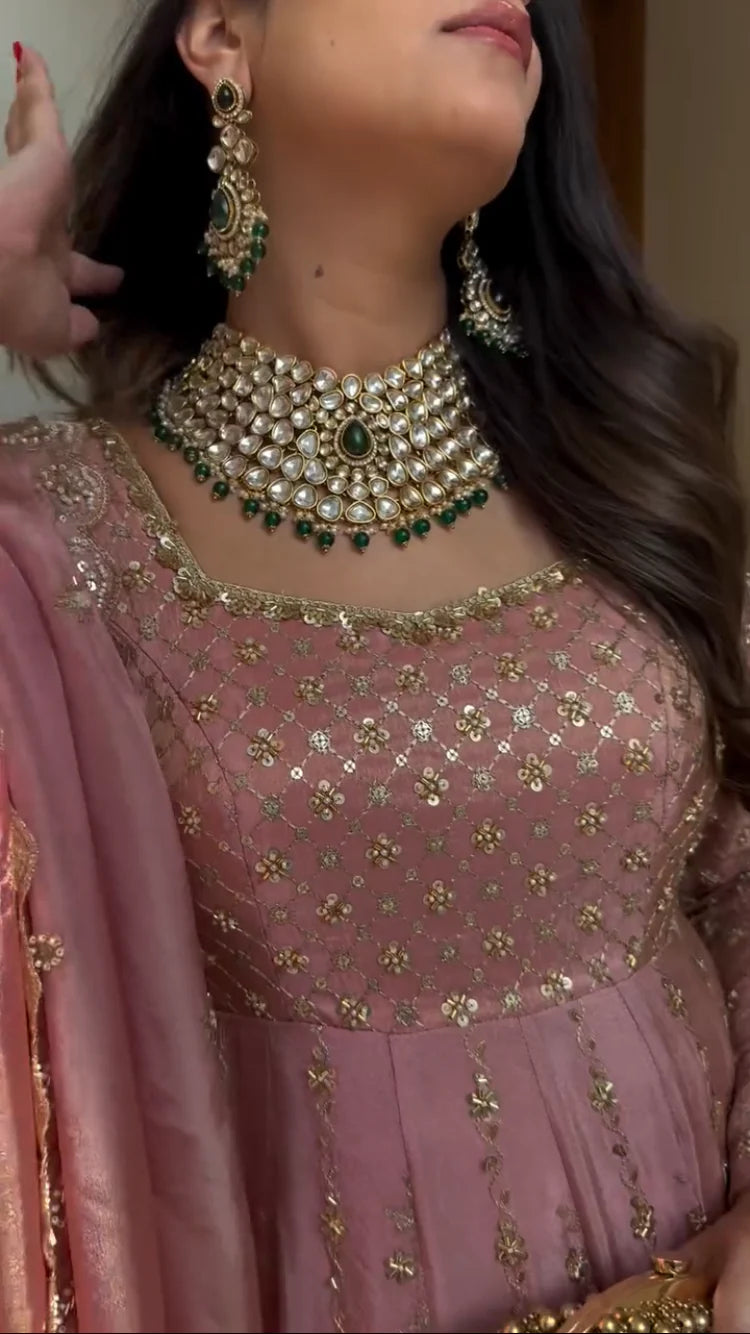 Elegant Blush Pink Hand Embroidered Crap Silk Anarkali Set