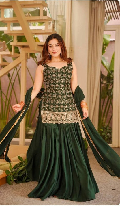 Women's Faux Georgette Embroidered Sharara Suit Set with Dupatta