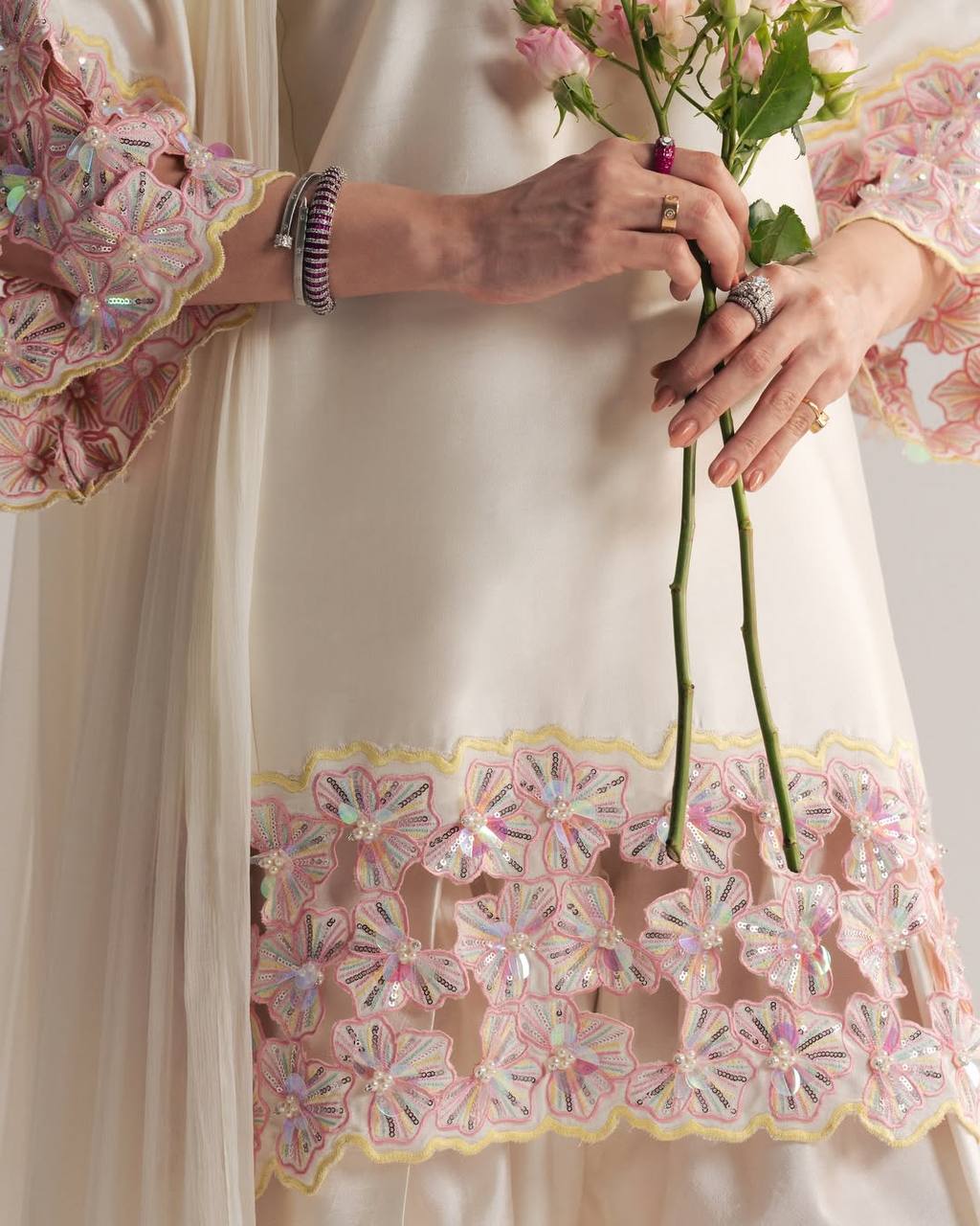 Designer Crepe Silk Farshi Salwar Suit with Moti Work