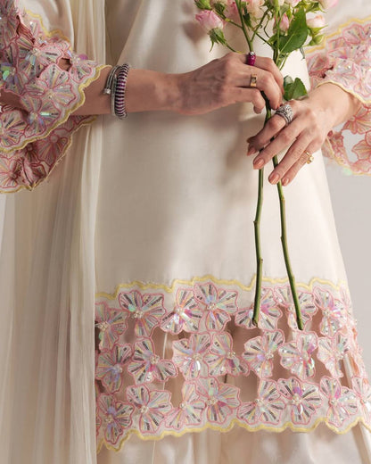 Designer Crepe Silk Farshi Salwar Suit with Moti Work