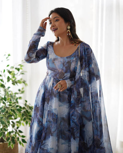 Women’s Pure Soft Organza Silk Marble Print Anarkali Suit Set with Gota Patti Dupatta