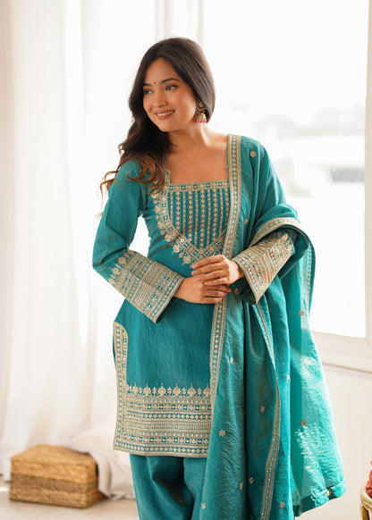 Party Wear NC Vichitra Silk Farshi Shalwar Set with Lace Dupatta