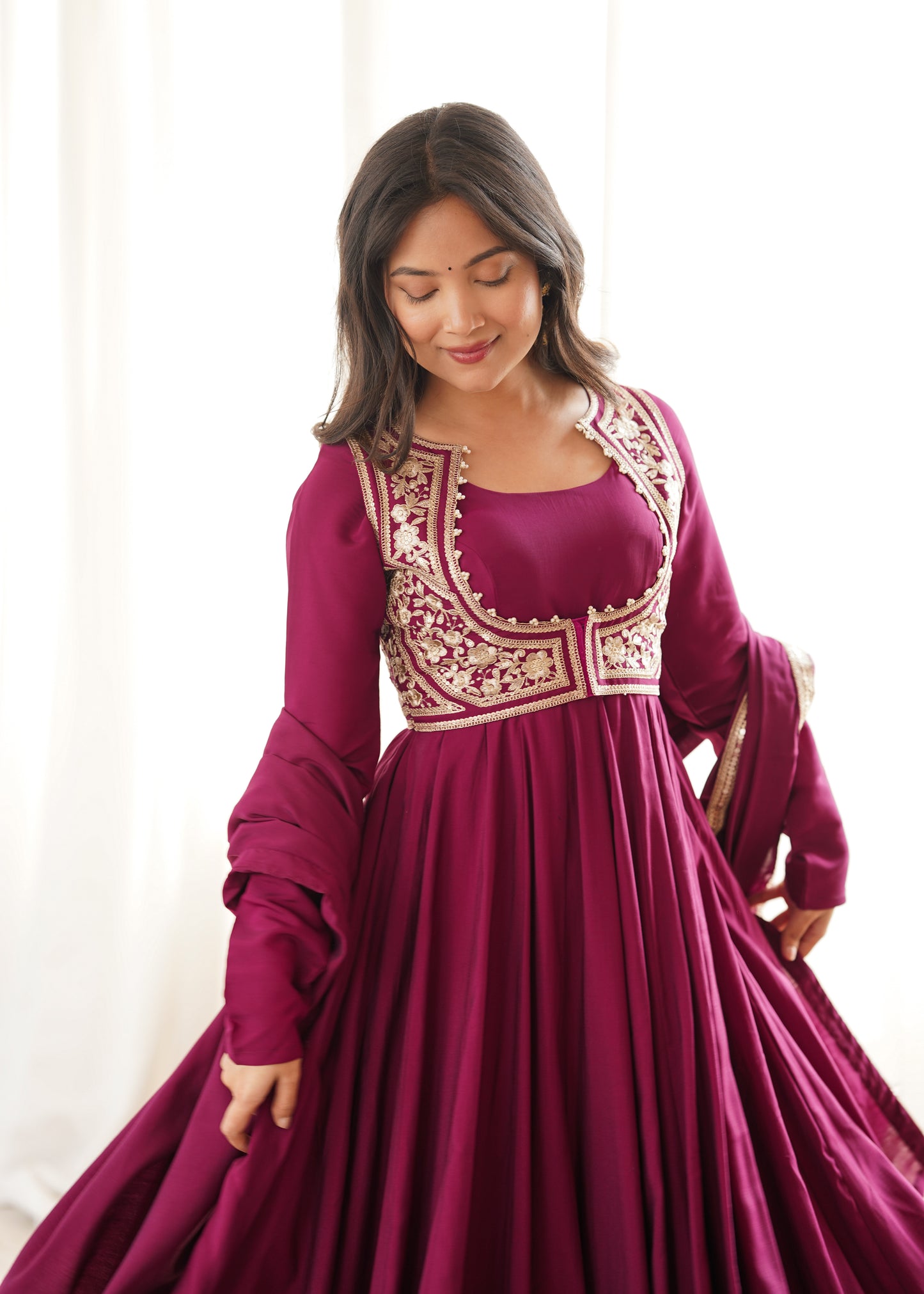 Women's Heavy Roman Silk Chanderi Anarkali Gown Set with Fancy Jacket & Embroidered Dupatta