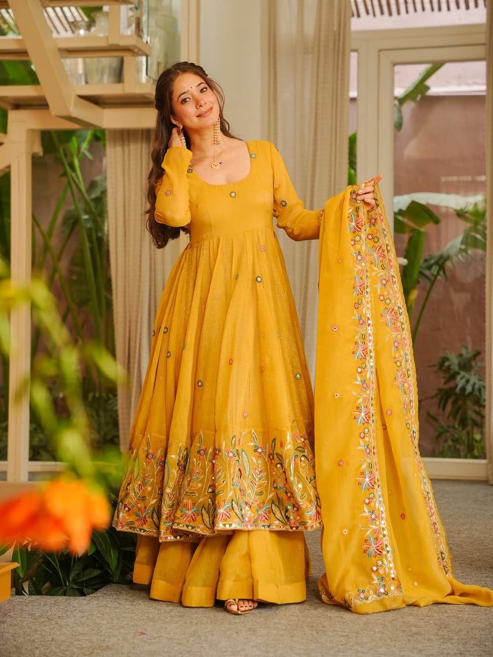 Elegant Crunchy Silk Anarkali Suit Set with Palazzo & Embroidered Dupatta for Women