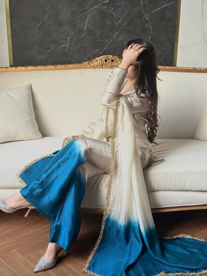 Premium Roman Glass Embroidered Top with Dual Tone Palazzo & Organza Silk Dupatta