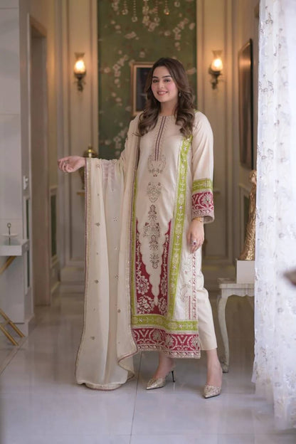 Premium Roman Silk Embroidered Kurta Set