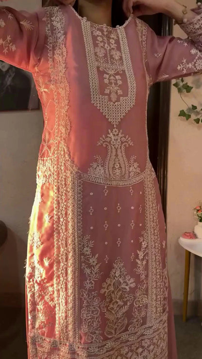 Peach Embroidered Kurta Palazzo Set with Dupatta – Elegant Festive Wear