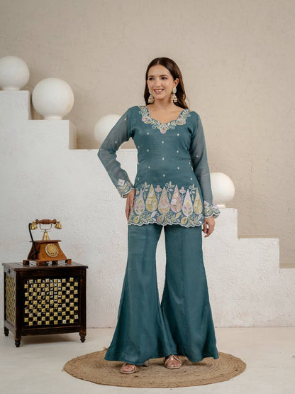 Heavy Crunchy Silk Embroidered Kurta Set with Palazzo & Dupatta