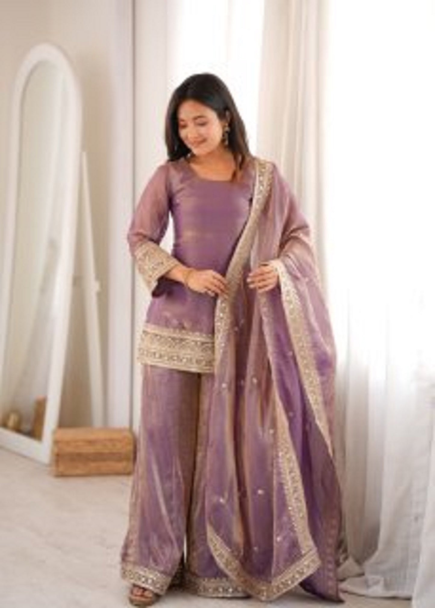 Trendy Silk Embroidered Kurta Palazzo Set with Dupatta