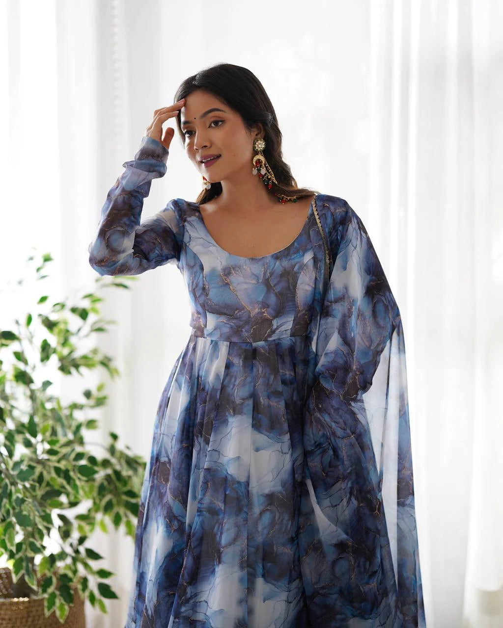 Women’s Pure Soft Organza Silk Marble Print Anarkali Suit Set with Gota Patti Dupatta