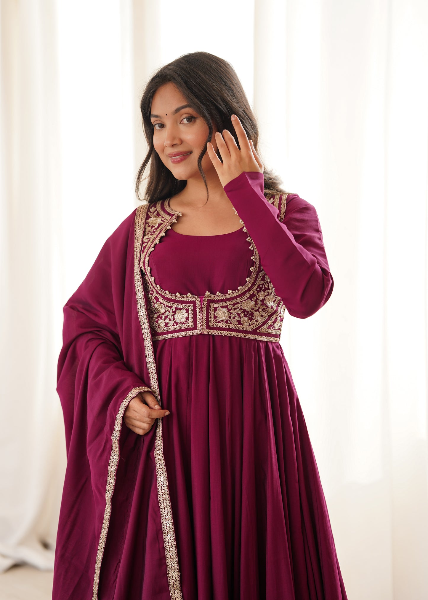 Women's Heavy Roman Silk Chanderi Anarkali Gown Set with Fancy Jacket & Embroidered Dupatta
