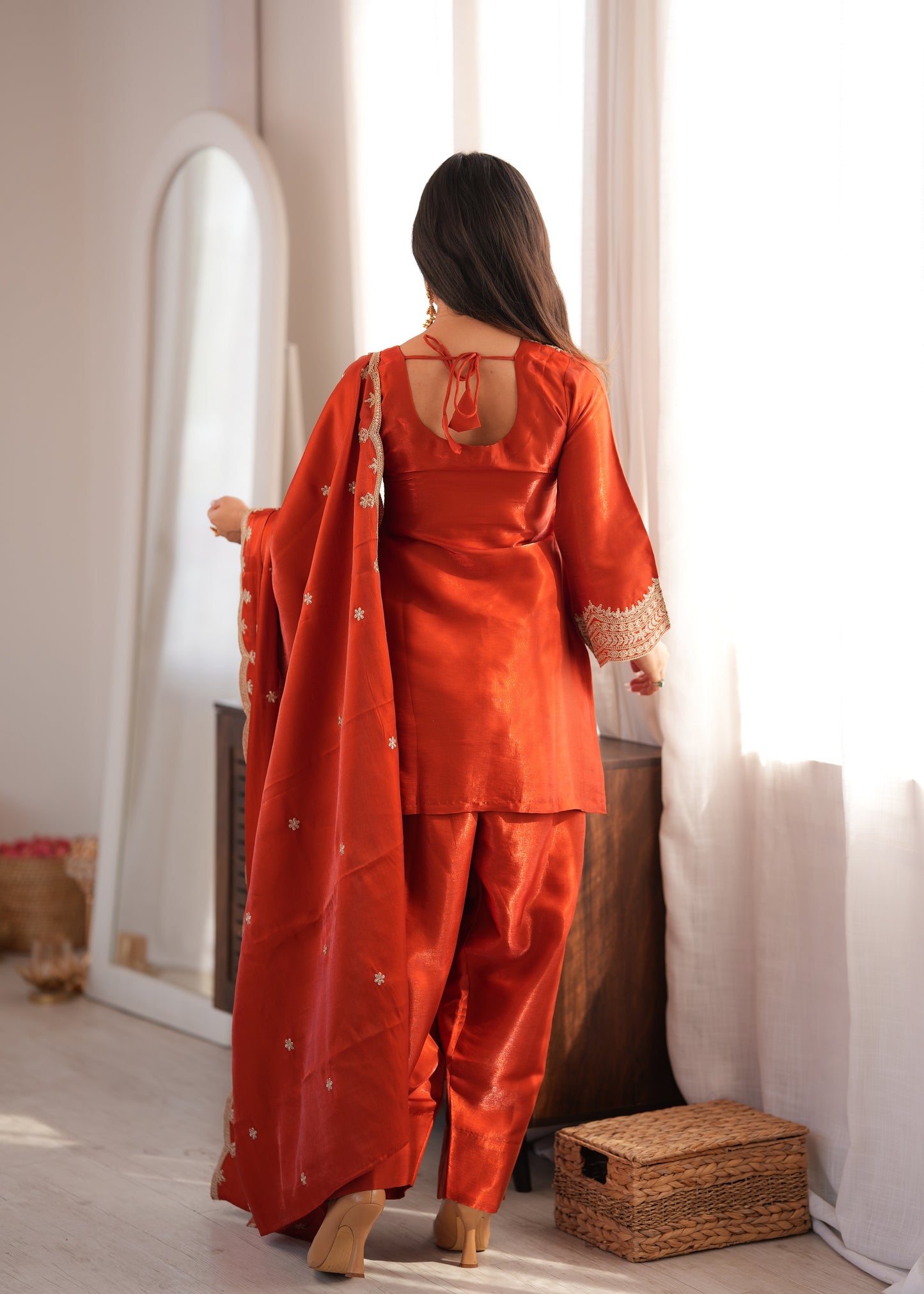 Designer Party Wear Farshi Suit Set | Glass Roman Silk | Ready to Wear