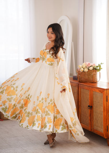 Women's Heavy Organza Silk Floral Print Anarkali Gown Set with Dupatt