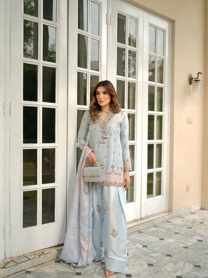 Women's Premium Satin Silk Kurti & Farshi Palazzo Set with Designer Dupatta