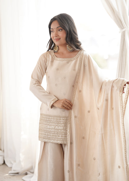 Designer Glass Roman Silk Embroidered Kurta with Farshi Shalwar & Dupatta Set