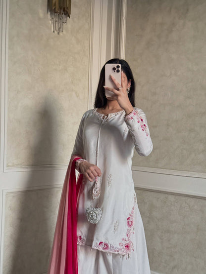 Elegant Natural Crepe Silk Suit Set with Fancy Sleeves