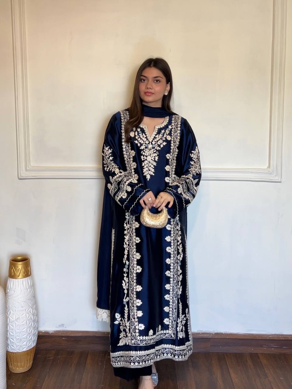 Premium Satin Rayon Embroidered Long Kaftan Set