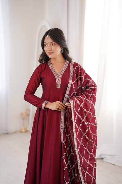 Royal Blooming Vichitra Silk Full Kali Anarkali Gown Set