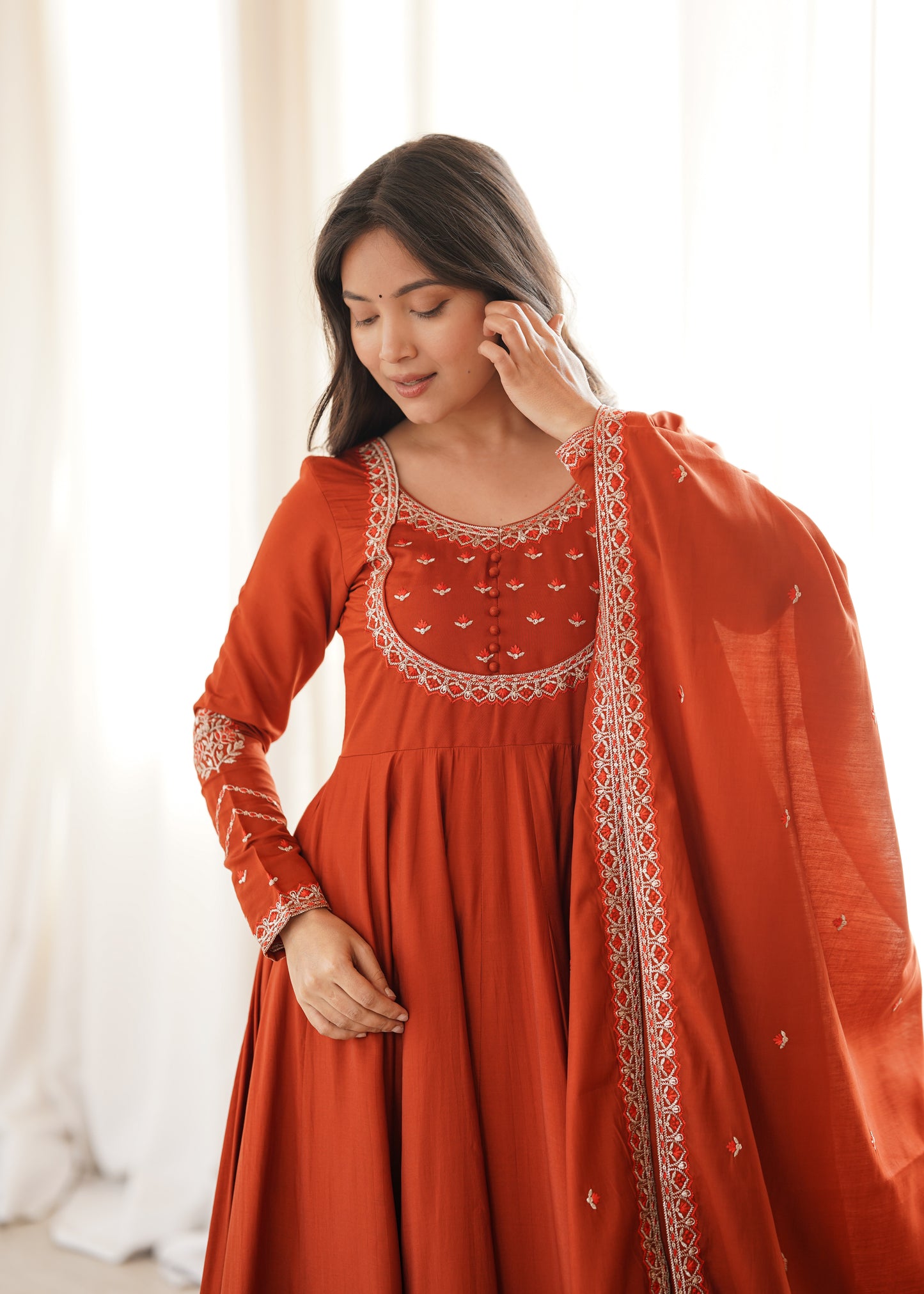 Premium Roman Chanderi Silk Anarkali Suit with Pant & Dupatta