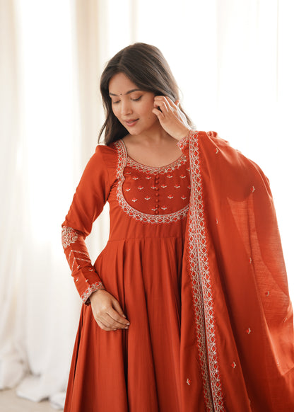 Premium Roman Chanderi Silk Anarkali Suit with Pant & Dupatta