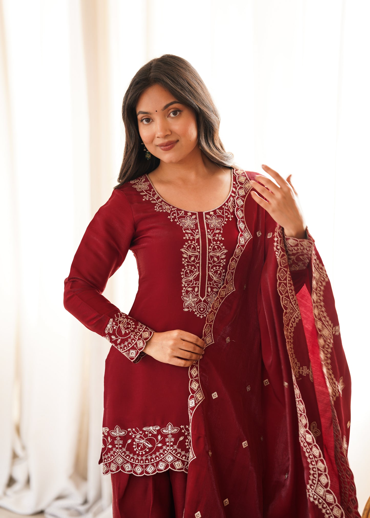 Elegant Glass Roman Silk Kurta Farshi Shalwar Set with Embroidered Dupatta