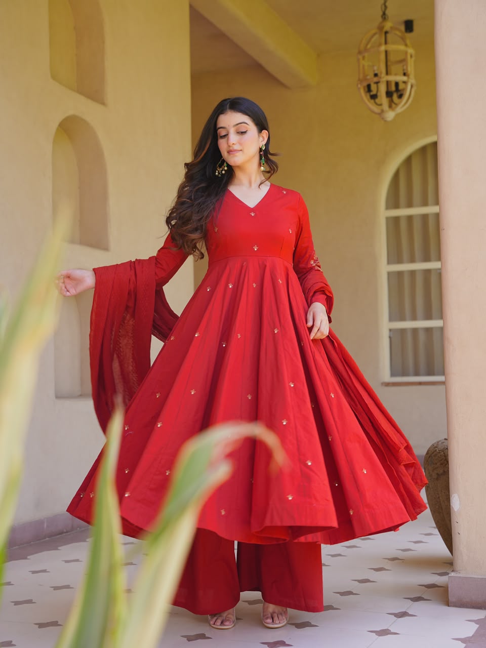 Heavy Roman Silk Embroidered Anarkali Kurta Set with Palazzo & Chanderi Silk Dupatta