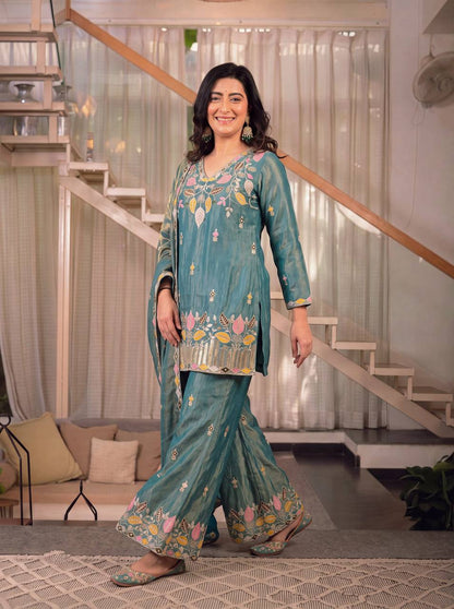 Premium Sindoori Satin Silk Embroidered Palazzo Suit Set for Women