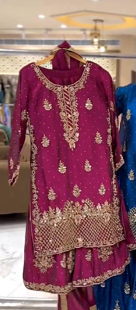 Heavy Chinon Silk Sequence Embroidery Sharara Set with Dupatta