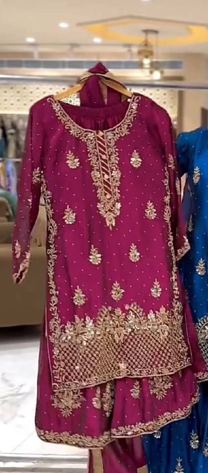 Heavy Chinon Silk Sequence Embroidery Sharara Set with Dupatta