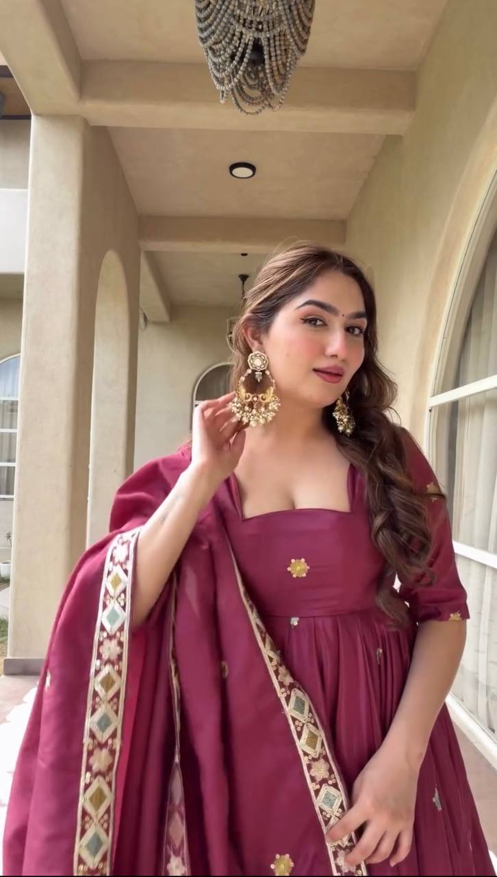 Heavy Natural Crepe Silk Embroidered Anarkali Suit Set with Palazzo & Dupatta