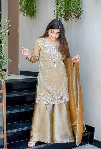Elegant Heavy Embroidered Satin Suit Set for Women