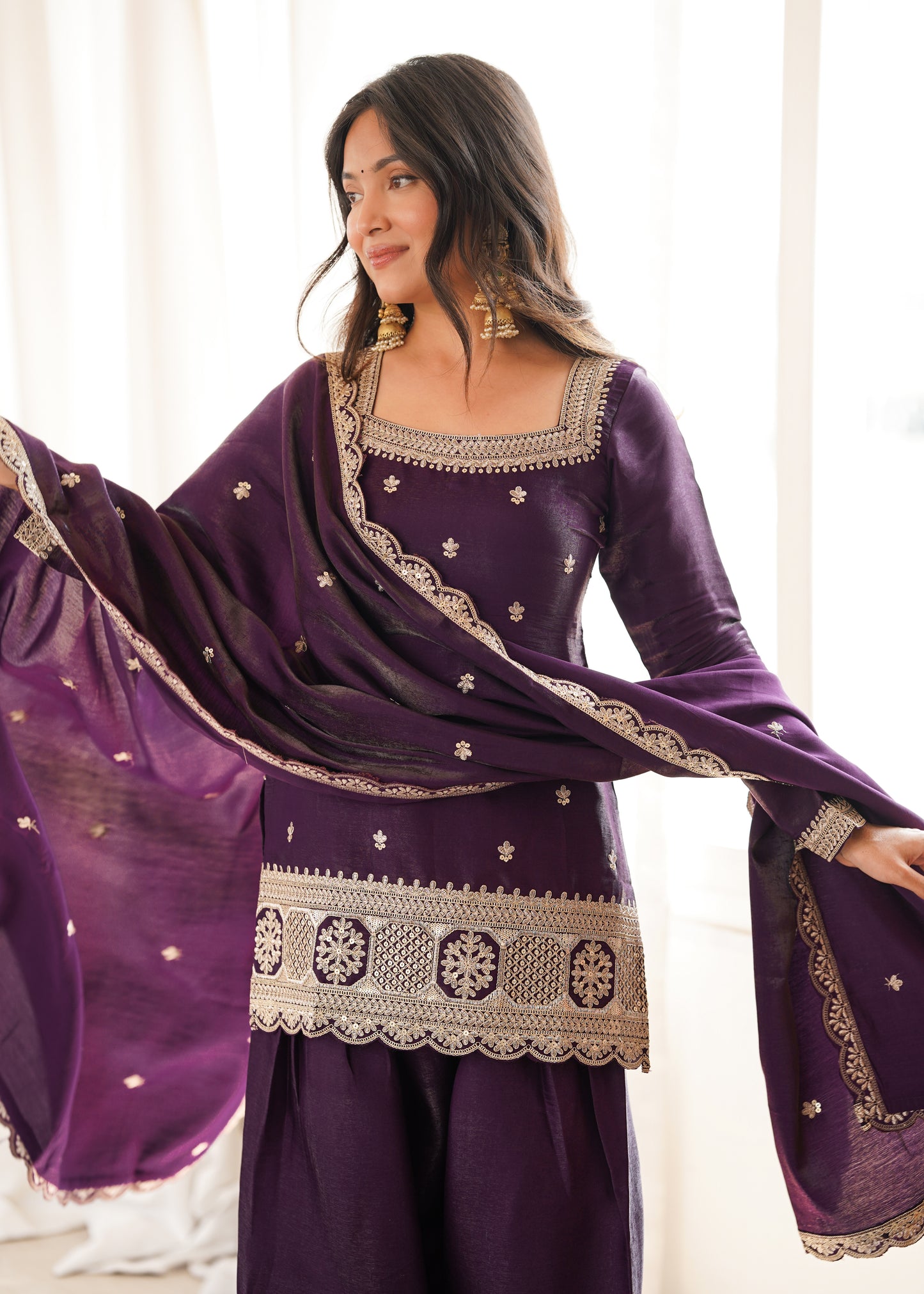 Premium Glass Roman Silk Embroidered Kurta Farshi Shalwar Set with Dupatta