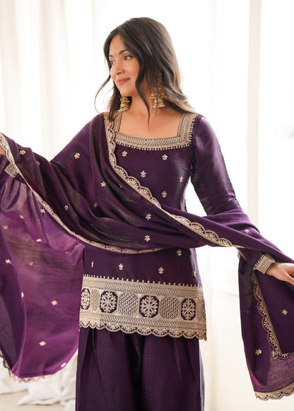 Premium Glass Roman Silk Embroidered Kurta Farshi Shalwar Set with Dupatta