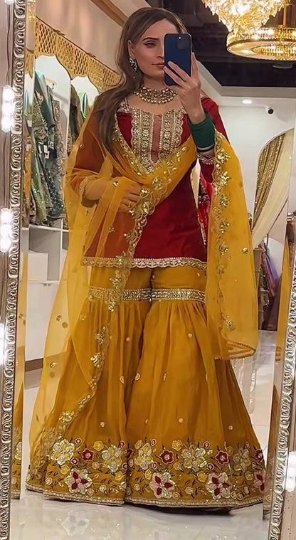 Heavy Faux Georgette Silk Embroidered Sharara Palazzo Set with Butterfly Net Dupatta