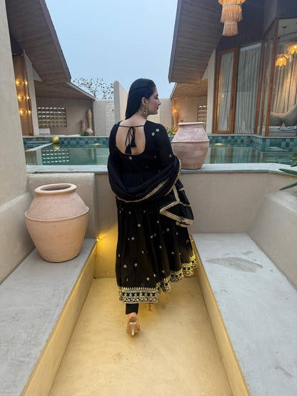 Heavy Vichitra Silk Designer Anarkali Suit with Embroidery & Organza Dupatta