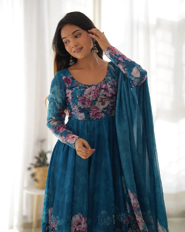 Pure Soft Organza Silk Fully Flared Kali Cut Anarkali Suit Set with Dupatta & Pant