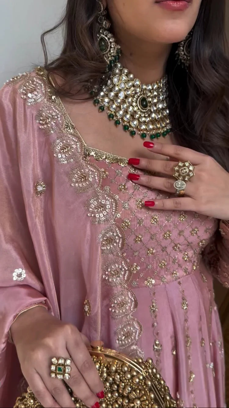 Elegant Blush Pink Hand Embroidered Crap Silk Anarkali Set