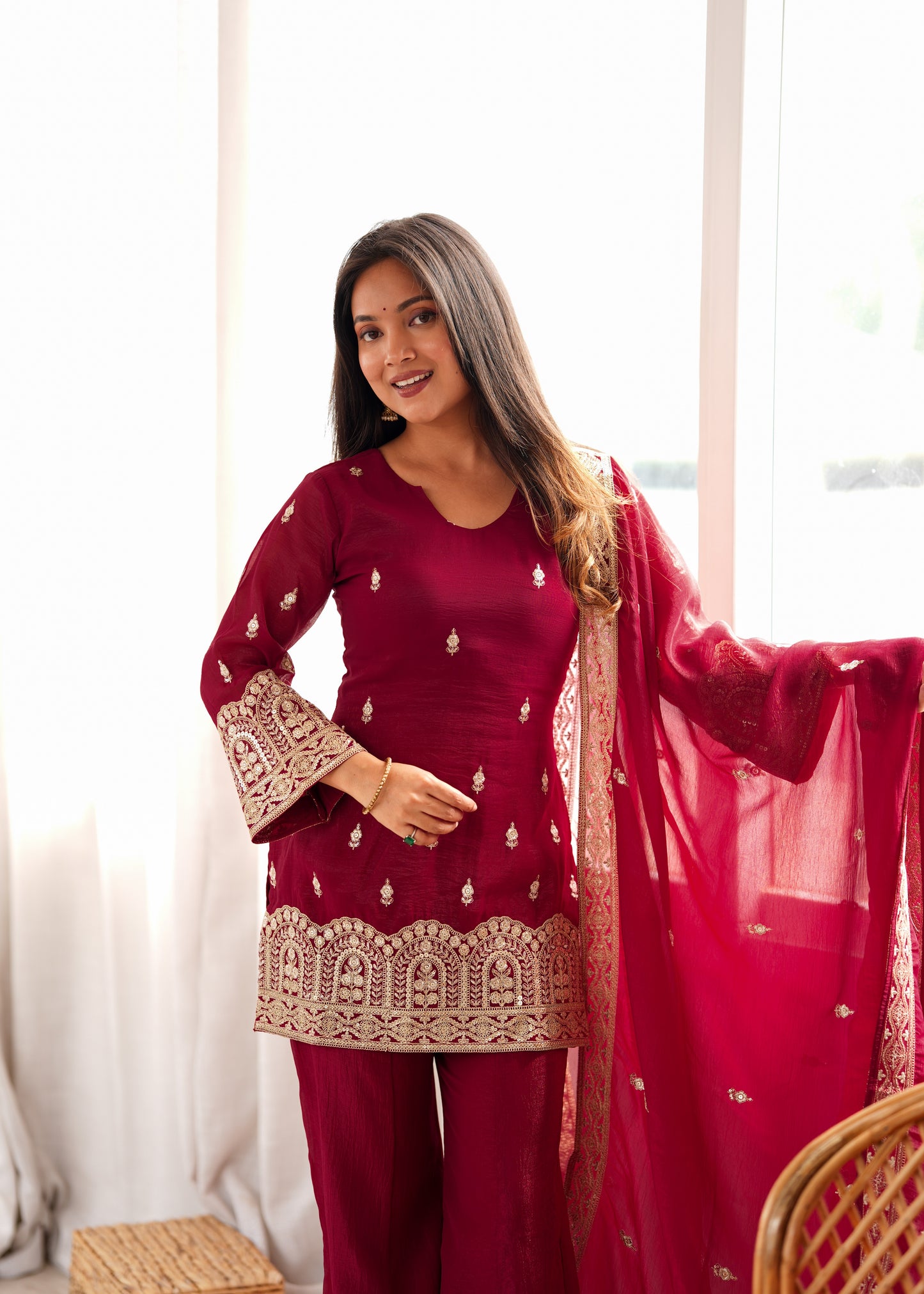 Designer Crunchy Silk Embroidered Kurta Bell Bottom Pant Set with Dupatta