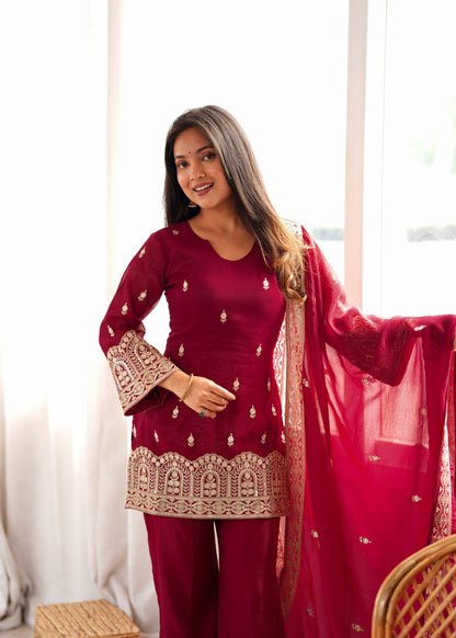 Designer Crunchy Silk Embroidered Kurta Bell Bottom Pant Set with Dupatta