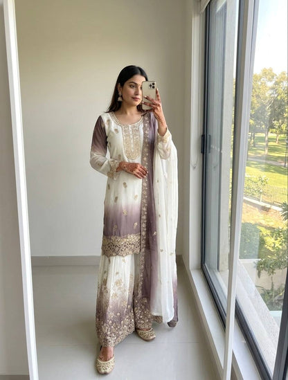 Heavy Dual Tone Georgette Embroidered Diamond Work Kurta Palazzo Set
