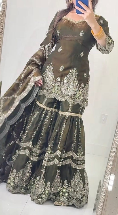 Mustard Designer Sharara Suit Set | Heavy Fandy Crush with 5mm Sequin & Embroidery Work