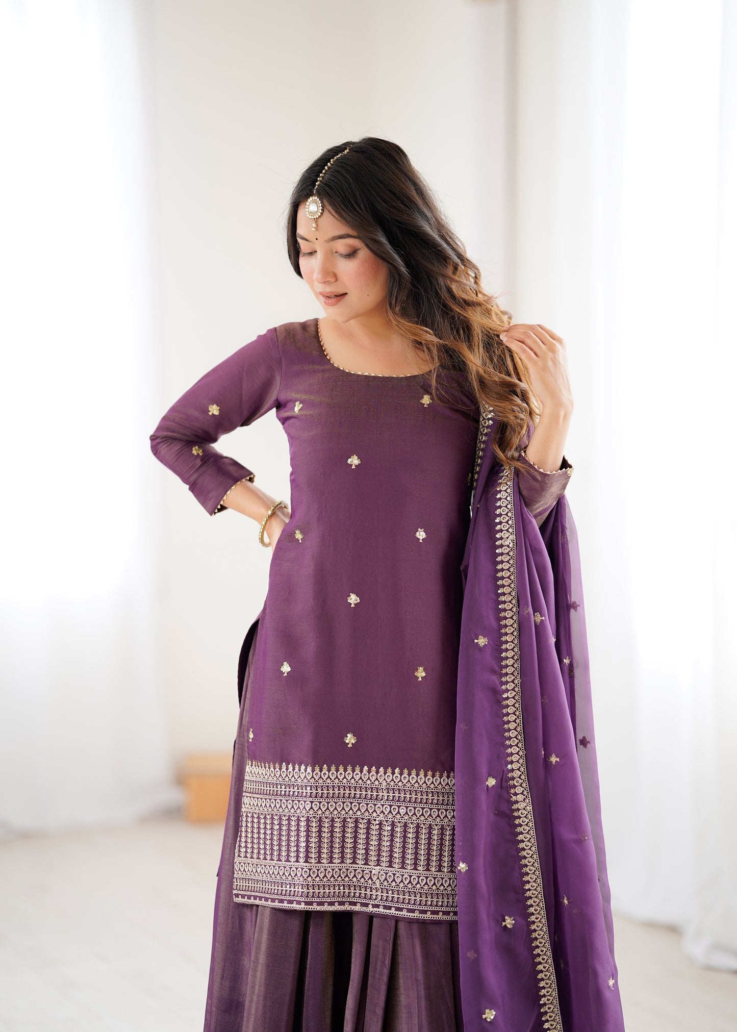 Premium Roman Shimmer Silk Kurta Lehenga Set for Women